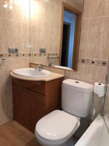 a bathroom with a toilet and a sink and a mirror at Apartament L'Ampolla MONICA a 50m del mar amb parking in L'Ampolla +22 photos