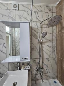 een badkamer met een douche en een witte wastafel bij Квартира-студия рядом с Набережной in Balqash