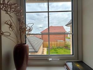 eine Vase auf einem Fensterbrett mit Aussicht in der Unterkunft Single Room in Norwich in Norwich