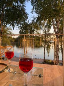 two glasses of red wine sitting on a table at Apartament MoLoo I in Ostróda