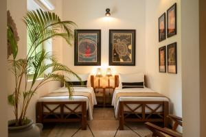 a massage room with two beds and a plant at Zen Villa in Ahangama