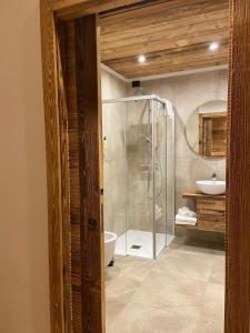 a bathroom with a shower and a toilet and a sink at Hotel Corona Ferrea in Sappada +18 photos