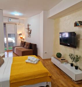 a bedroom with a bed and a tv on a wall at Kamche apartment in Skopje