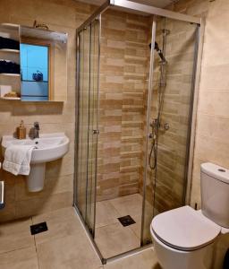 a bathroom with a shower and a toilet and a sink at Kamche apartment in Skopje +15 photos