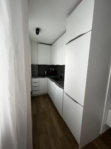 Una cocina blanca con gabinetes blancos y piso de madera. en Lovely apartment in the city centre, en Bratislava