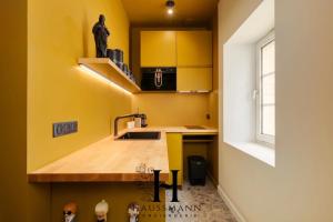 a kitchen with yellow walls and a sink and a counter at Magnifique Appartement Hypercentre Place Stanislas Nancy in Nancy