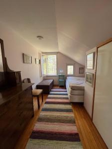 ein Schlafzimmer mit einem Bett, einem Fernseher und einem Teppich in der Unterkunft Soludden in Raseborg
