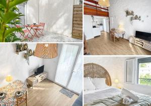 a collage of pictures of a bedroom and a living room at Duplex au vert près de Royan - Appartement 4 in Médis