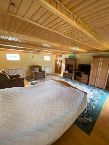 Un dormitorio con una cama grande en una habitación. en Затишний будиночок біля річки, en Krivorovnya 27 fotos más
