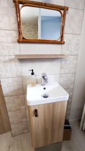 ein Badezimmer mit Waschbecken und Spiegel in der Unterkunft Studio neuf dans maison avec vue sur la chaine des puys in Riom