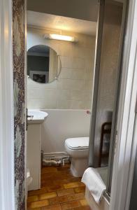 a bathroom with a white toilet and a sink at H&ocirc;tel du Roy in Aisey-sur-Seine