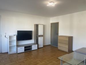 a living room with a flat screen tv and a couch at Ferienwohnung Adelsried 1 in Adelsried