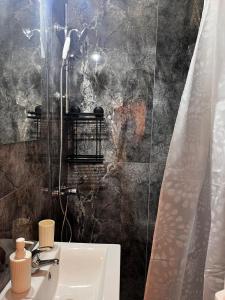 a bathroom with a sink and a shower at Mimosa Studio in Cluj-Napoca +20 photos