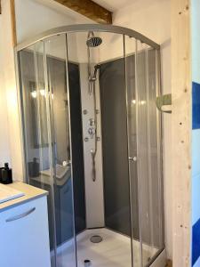 a shower with a glass door in a bathroom at Le gîte Atlas in Eauze +10 photos