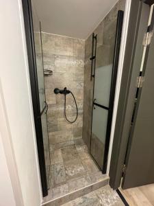 a shower with a glass door in a bathroom at Next Door Studio in Cluj-Napoca