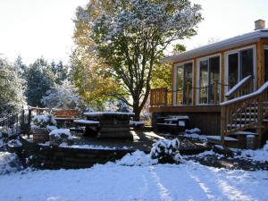 une maison avec une terrasse dans la neige dans l'établissement Koch Haus Bed and Breakfast, à Stratford