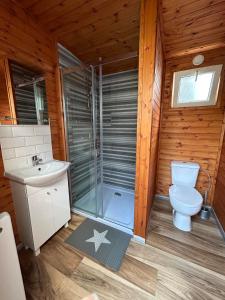 a bathroom with a shower and a toilet and a sink at Domki 13-nastka in Międzyzdroje +16 photos