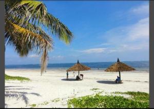 a group of people sitting under umbrellas on a beach at Little Haven Nyali mombasa in Mombasa