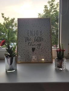 a picture on a table with two potted plants at Studio 47 in Płock