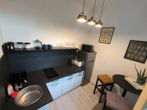 a small kitchen with a sink and a refrigerator at Apartmán Pohoda Zvolen in Zvolen +5 photos