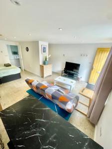 un soggiorno con un letto e un grande divano di Cambridge City Centre Studio, Sleeps 3 a Cambridge