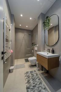 a bathroom with a sink and a toilet and a mirror at Rodman Belgrade Apartment in Novi Beograd