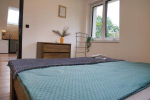 a bedroom with a bed with a blue blanket at Apartmány U Zajíců in Karlov