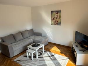 a living room with a couch and a table at Kućica u pesku in Novi Vladimirovac