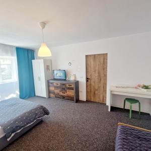 a bedroom with a bed and a tv and a desk at Provista Apartments - city center view in Reşiţa