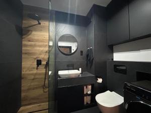 een badkamer met een wastafel en een spiegel bij Lawenda in Gdańsk