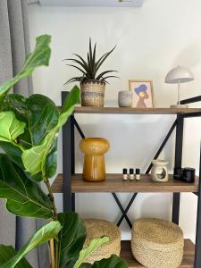 a shelf with plants and a lamp and a plant at Blue Cozy Nest in Rhodes Town