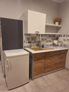 a kitchen with a sink and a refrigerator at Niyaz apartment in Warsaw