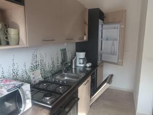 Una pequeña cocina con fregadero y estufa. en Vince & Rita's home, en Sestri Levante