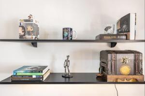 a shelf with books and a statue on it at Pousada Pôr Do Sol Varginha in Varginha