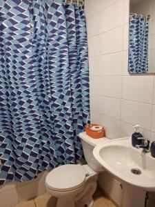 a bathroom with a toilet and a sink at Casa Huedhued in Villarrica