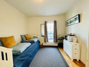 Una sala de estar con un sofá y un microondas. en Studio apartamento em Tromsø Noruega, en Tromsø