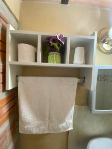 a bathroom with a shelf with towels and a sink at Villa Morra House l in Asunción +41 photos