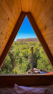 a window with a view of a hot tub in a forest at Parque Repuleufu Chiloé in Ancud