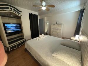 una camera da letto con un letto e una TV a schermo piatto di A casa nostra a Biguglia