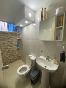 a small bathroom with a toilet and a sink at Apto cerca Estadio Metropolitano in Barranquilla