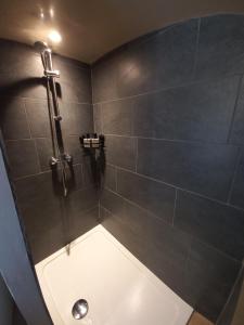 a bathroom with a shower with a sink in it at Moe Bus House in Moorea
