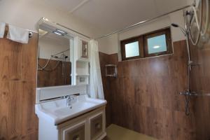 un bagno con lavandino, doccia e specchio di Cielo Residence a Kandy