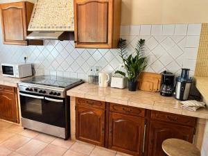 a kitchen with wooden cabinets and a stove top oven at Maison Bethesda in Salazie +21 photos