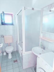 a white bathroom with a toilet and a sink at Apartments Jurjevic in Petrcane +79 photos