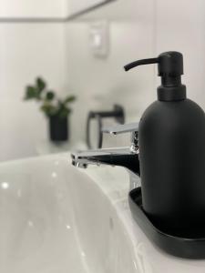 a soap dispenser sitting on top of a bathroom sink at Mirador da Playa in Moaña +22 photos