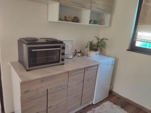 a kitchen with a microwave and a refrigerator at Apartman Adin in Sarajevo
