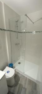 a white bathroom with a shower and a toilet at Grand Hôtel in Saint-Père-en-Retz