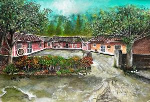 una pintura de una casa con jardín en Hong Wa Cuo南投埔里紅瓦厝山居民宿, en Puli