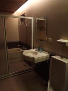 a bathroom with a sink and a shower and a toilet at Hong Wa Cuo南投埔里紅瓦厝山居民宿 in Puli