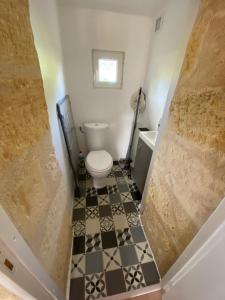 a bathroom with a toilet and a black and white tile floor at Maison de vacances dans les vignobles de Saint-Emilion in Saint-Laurent-des-Combes +15 photos